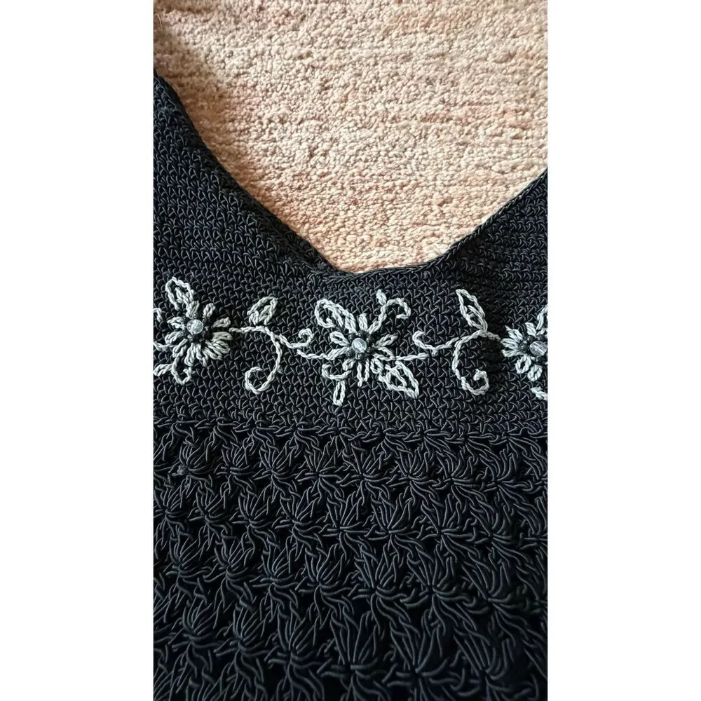 Black Crochet Shoulder Bag with Floral Embroidery